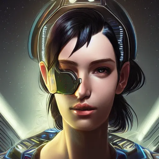 Image similar to portrait of a beautiful dark - haired androgynous cyberpunk space ranger, soft lightning, high detailed, intricate, elegant, smooth, sharp focus, artstation, art by lane brown and sora kim,