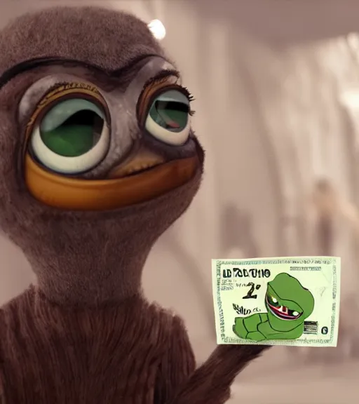 Prompt: pepe holding money, realistic, frame from the movie, hyper detailed, dramatic light