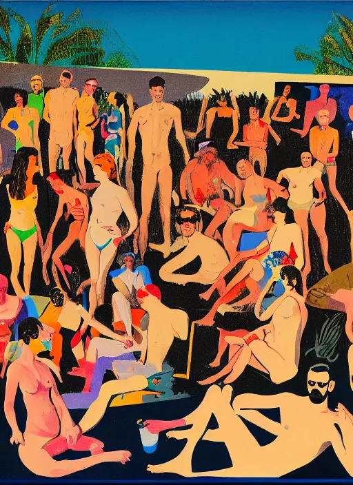 Prompt: composition by silm aarons poolside, a zoomed out portrait of a diverse group of people partying in diverse clothing in a scenic representation of mother nature and the meaning of life by billy childish, thick visible brush strokes, shadowy landscape painting in the background by beal gifford, vintage postcard illustration, minimalist cover art by mitchell hooks