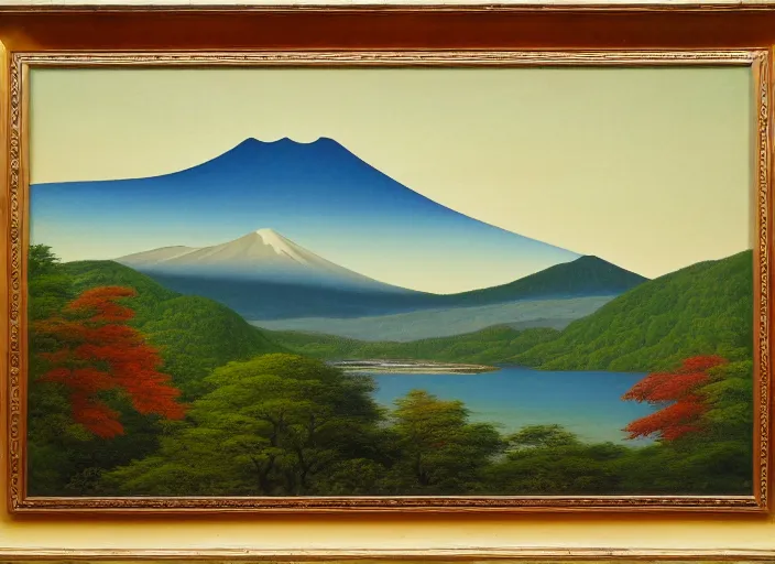 Prompt: fuji - hakone - izu national parks, japan in the style of hudson river school of art, oil on canvas