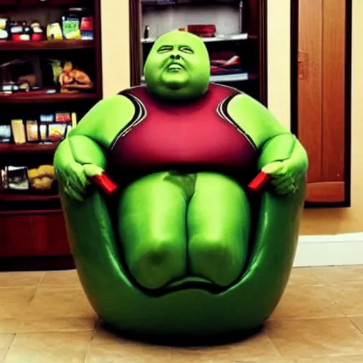 Prompt: morbidly obese ironman sitting in an avocado armchair