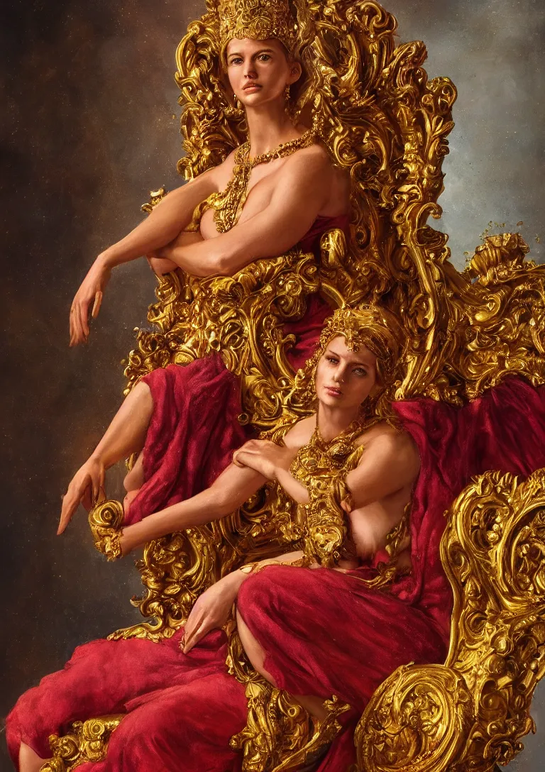 Image similar to a beautiful painting of a golden goddess sitting on a throne, detailed portrait, dennis velleneuve, warm colors, ultra realistic, 8 k, photography