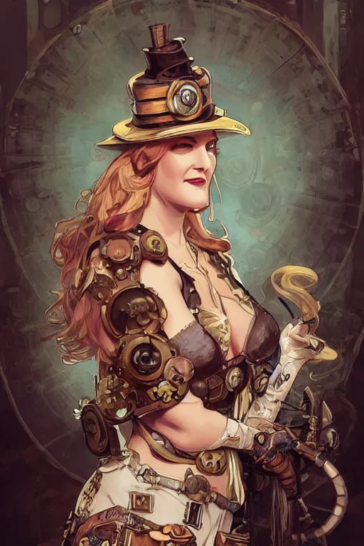 Image similar to drew barrymore steampunk half - cyborg cowgirl, pelt coats, high fantasy, dnd, smooth, sharp focus, illustration, highly detailed, digital painting, artstation, concept art, by rossdraws, alphonse mucha, frank fanzzeta, collectible card art