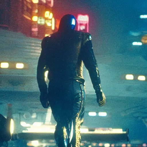 Image similar to Still of Captain Falcon and his racing machine in the movie Blade Runner, full body, cinematic lighting, 4k