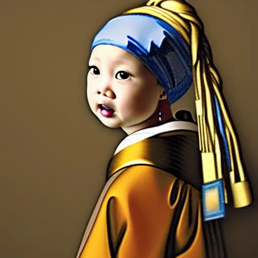 Prompt: A portrait of a lovely Asian baby girl imitating Girl with a Pearl Earring, detailed oil painting, dark background, 4k,
