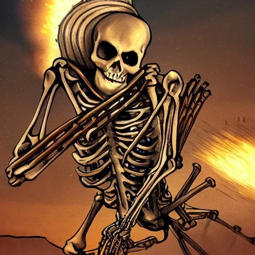 Image similar to a detailed portrait of a skeleton riding a missile, art illustration, incredibly highly detailed and realistic, 8 k, sharp focus