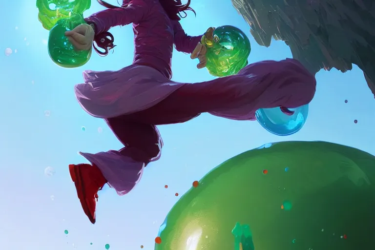 Image similar to madeline from celeste jumping to a green jelly bubble, blue bubble jacket red long hair, highly detailed, digital painting, artstation, concept art, sharp focus, illustration, art by greg rutkowski and alphonse mucha