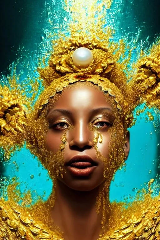 Prompt: hyperrealistic neo - classical cinematic very expressive! black oshun goddess, white eyes, body in water, mirror dripping droplet!, gold flowers, highly detailed face, digital art masterpiece, smooth eric zener cam de leon dramatic pearlescent teal light, ground angle uhd 8 k, sharp focus