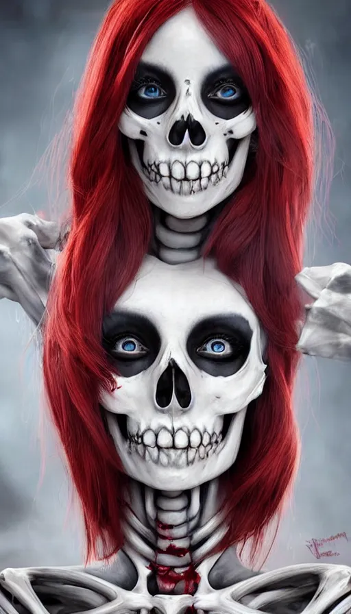 Image similar to skeleton black bones, covered with blood, jessica nigri face!!, highly detailed face, long red hair, beautiful blue eyes, black heavy eyeliner, ultra realistic, concept art, intricate details, photorealistic, octane render, 8 k, unreal engine. retro film still, heavy grain, 3 5 mm, art by artgerm and greg rutkowski and alphonse mucha