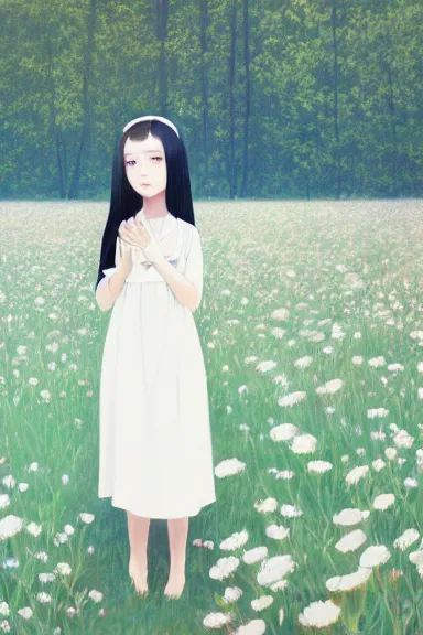 Image similar to little girl with her long black hair dressed in a simple white dress lying in a flowery field, anime art style, digital art by ilya kuvshinov, inspired by balthus, hd, 4 k, hyper detailed, rear view