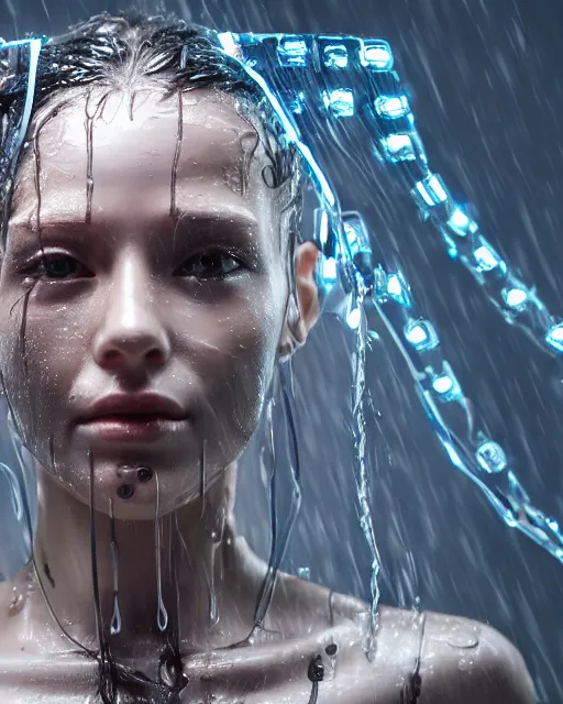 Prompt: photo of female dancer as a cyberpunk mecha humanoid robotic head shoulder parts with straight bright led lights, under a shower, wet skin with water dripping down face, ultra - realistic and detailed, 8 k