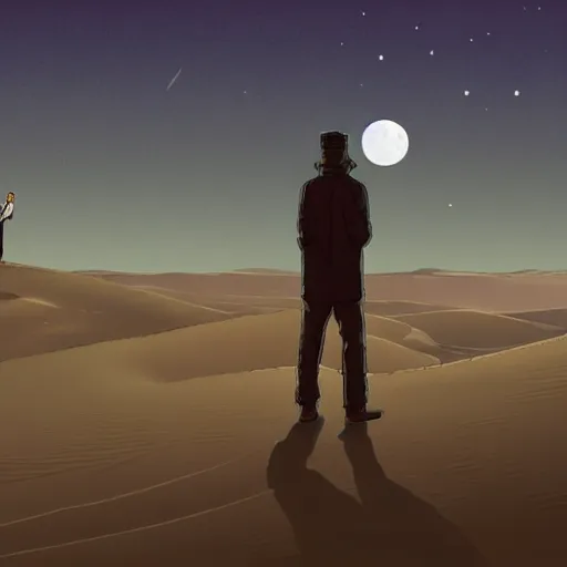 Image similar to a lonely man in desert finding a beautiful crystal, a big moon in background, Industrial Scifi, detailed illustration, character portrait, by Martin Grip and Moebius