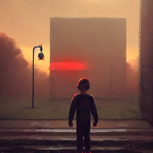 Image similar to digital painting of child playing with a huge humanoid robot in a park, sunset, a dark dystopian city behind a huge wall, dystopian, stunning, cinematic lighting, concept art by greg rutkowski and simon stalenhag and wlop, artstation