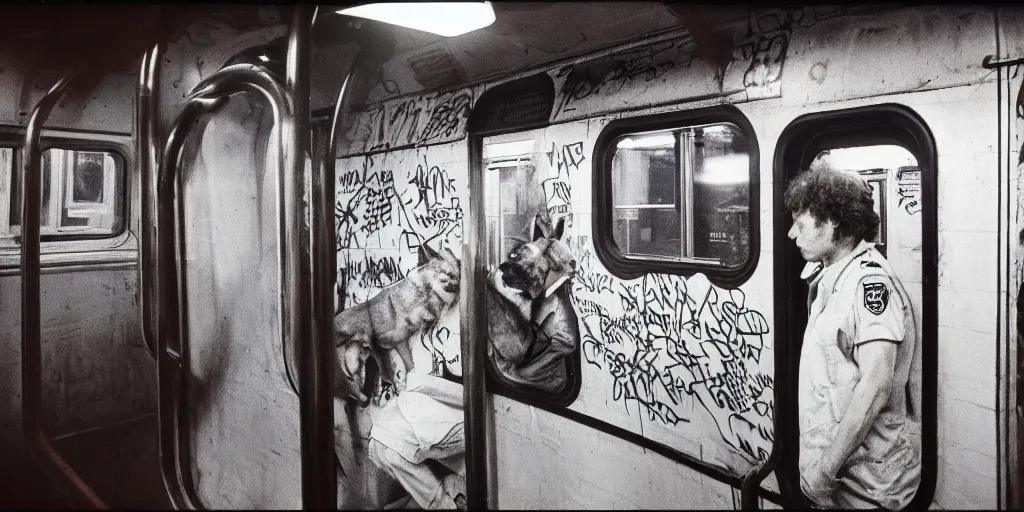 Image similar to new york subway cabin 1 9 8 0 s inside all in graffiti, 1 9 8 0 s policeman with the k - 9 dog, coloured film photography, christopher morris photography, bruce davidson photography