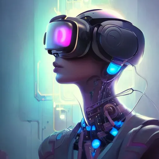 Image similar to portrait of a beautiful cybernetic female wearing a virtual reality headset, cyberpunk concept art by pete mohrbacher and artgerm and wlop and greg rutkowski, digital art, highly detailed, intricate, sci-fi, neon colors, sharp focus, Trending on Artstation HQ, deviantart, unreal engine 5, 4K UHD image