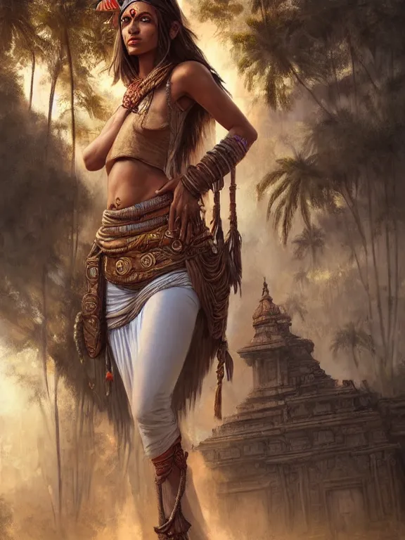 Image similar to indians jones standing in front of an ancient temple, digital painting, extremely detailed, 4 k, intricate, brush strokes, mark arian, artgerm, bastien lecouffe - deharme