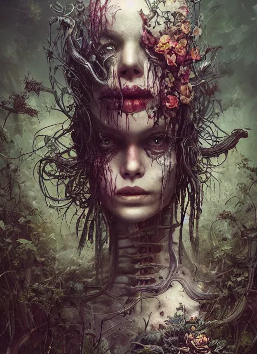 Prompt: Alice fails to get to the special garden,highly detailed,half skull face,cinematic,8k,by Stanley Artgermm,Tom Bagshaw,Greg Rutkowski,Carne Griffiths, Ayami Kojima, Beksinski, Giger,trending on DeviantArt,hyper detailed,horror, full of colour