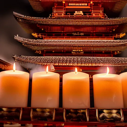 Image similar to dark image of Japanese temple, candles, 8k high detail,