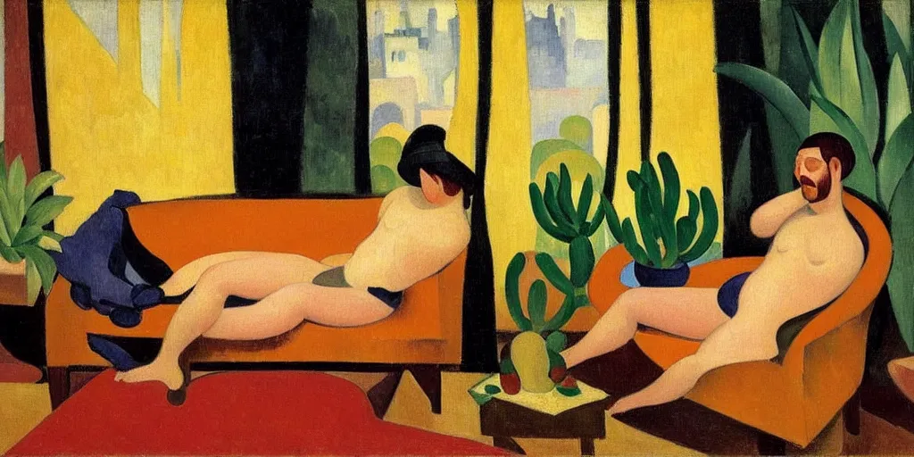 Prompt: A cozy, warm living room, bathed in golden light, with many tropical plants and succulents, a figure is resting on an old couch, highly relaxed, sunday afternoon, living the good life, at peace, figurative oil on canvas by André Derain, Musée d'Orsay catalogue