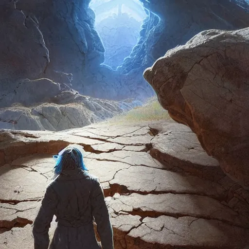 Prompt: a vast dry rocky plain with a network of cracks all over, zoomed out view. a young man with long dark hair wearing a long blue coat stands in the distance, glowing. fantasy painting by greg rutkowski.