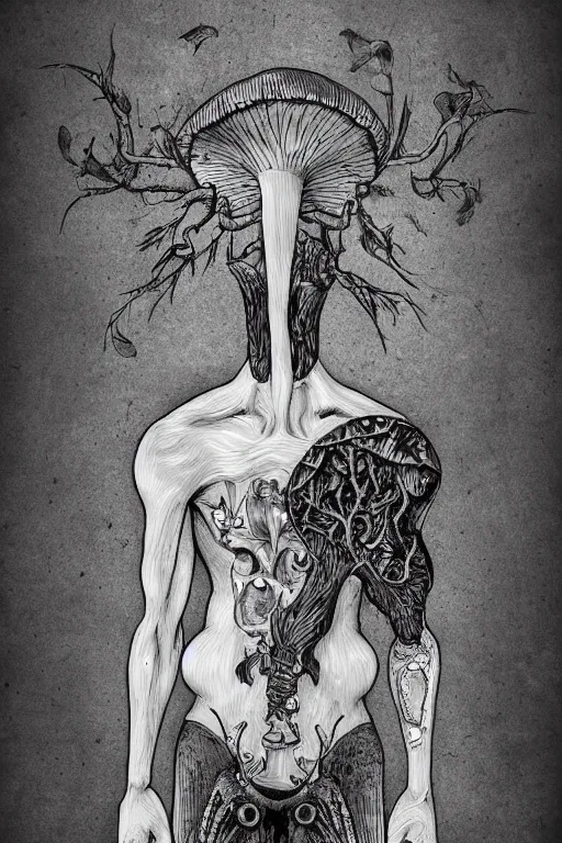 Prompt: black and white illustration, creative design, body horror, mushroom man