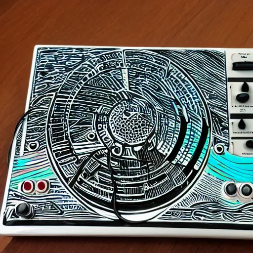 Image similar to psychodelic linocut of an Akai MPC 60