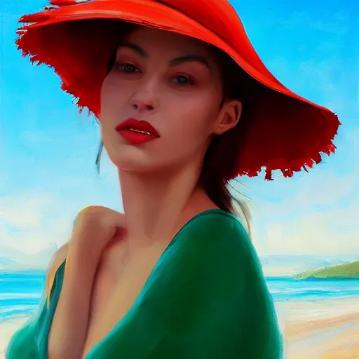 Image similar to beautiful oil matte portrait painting, young woman with red dress and mustard yellow summer hat at a beach on a sunny day, wonderful masterpiece highly detailed, beautiful cinematic light deep focus, elegant, digital painting, smooth, sharp focus, golden ratio, dramatic illumination, ultra realistic, 8 k, art by jimmy law