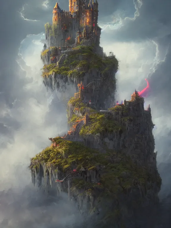 Prompt: photo of 8k ultra realistic castle on cliff surrounded by swirling clouds and lighting, dark, menacing, full of colour, cinematic lighting, battered, trending on artstation, 4k, hyperrealistic, focused, extreme details,unreal engine 5, cinematic, masterpiece, art by Peter Mohrbacher