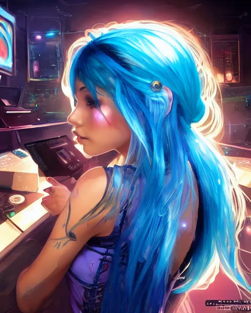 Image similar to pretty girl with blue hair, dj girl, in a club, laser lights background, sharp focus, digital painting, 8 k, concept art, art by wlop, artgerm, greg rutkowski and alphonse mucha