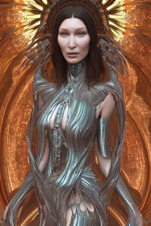 Image similar to a highly detailed portrait of a beautiful ancient alien techno woman goddess bella hadid in iris van herpen dress in diamonds and fractals in style of alphonse mucha art nuvo dmt trending on artstation made in unreal engine 4