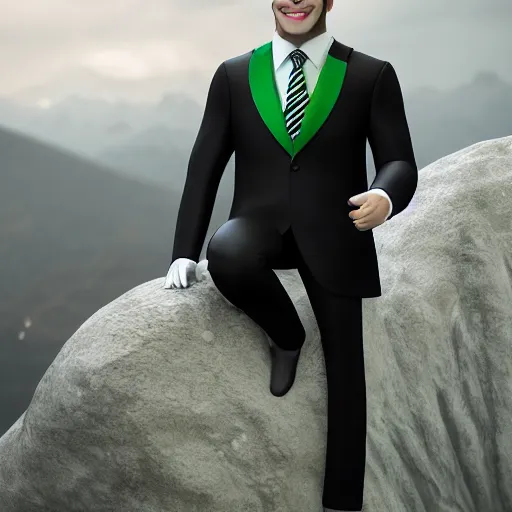 Image similar to white mountain lion hybrid ape, black suit, tie, green eyes, smile, portrait, full HD 8k, ultra realistic cinematic octane render