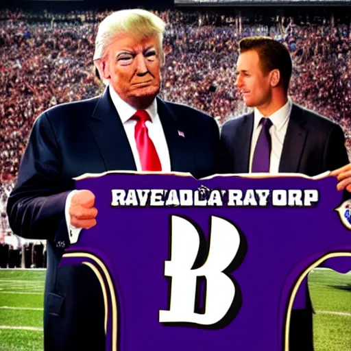 Image similar to “Donald Trump wearing a Baltimore Ravens jersey, ultra realistic, 8k”