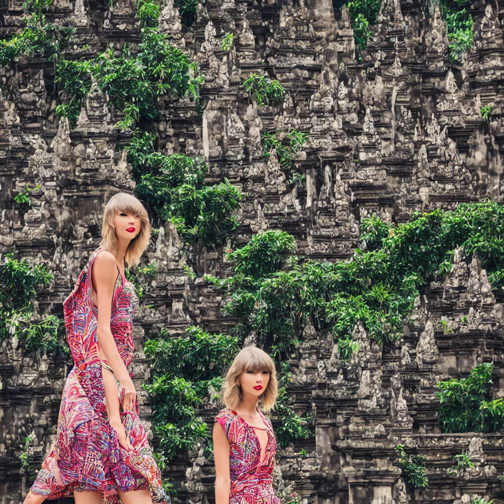 Prompt: taylor swift wearing batik bali in bali. temple background. front view. instagram closeup holiday photo shoot, closeup, 8 5 mm