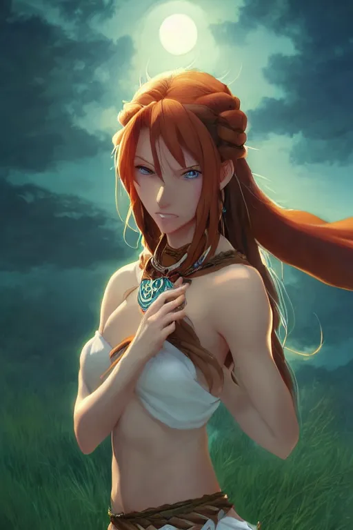 Prompt: long ginger hair, tanned woman in a prehistoric outfit, green eyes, fang necklace, by artgerm, hair tied in a ponytail, white backdrop, soft lighting, night time, by greg rutkowski makoto shinkai takashi takeuchi