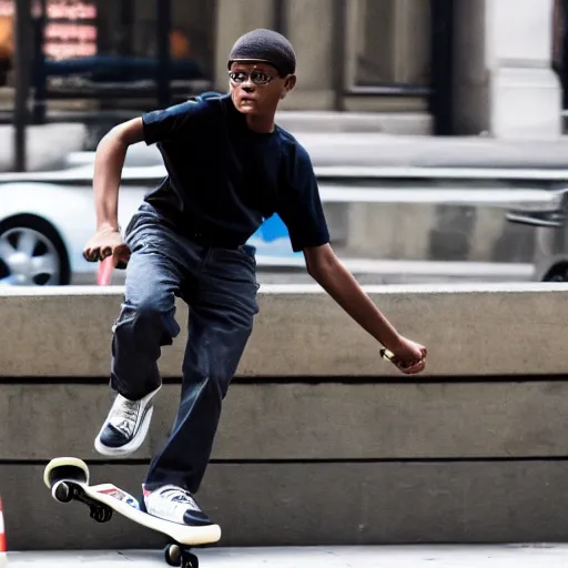 Image similar to high quality photo of a black harry potter on a skateboard in new york city