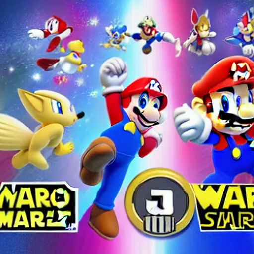 Image similar to super mario, kirby, sonic the hedgehog, super smash bros, star wars themed movie poster high detail accurate eyes and good gesture poses, pokemon anime cartoon style