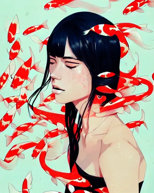 Image similar to a ultradetailed beautiful panting of a stylish woman surrounded by floating koi fish, by conrad roset, greg rutkowski and makoto shinkai, trending on artstation