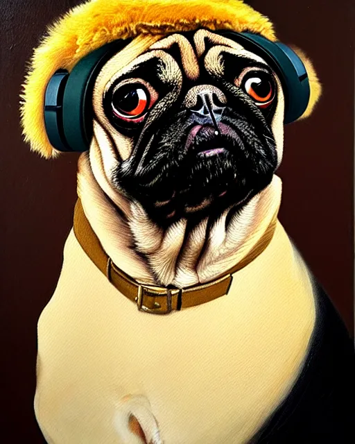 Prompt: oil painting portrait of a pug wearing earmuffs Rembrandt Style