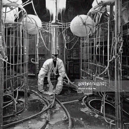 Image similar to old black and white photo, 1 9 1 3, depicting biomechanical aliens inside vats in a derelict tech lab, technicians in hazmat suits, historical record