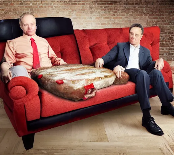 Prompt: realistic photograph of couch made out of meat, business men sitting on couch made out of meat and talking,