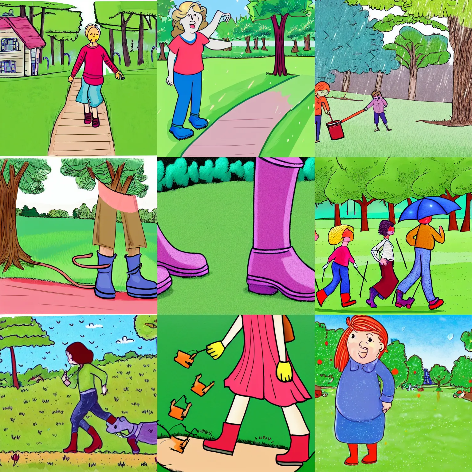 Prompt: i tried to walk a few steps on the park's lawn, and after only ten minutes or so, i was sweating. i was wearing rain boots and crunching forward. storybook illustration