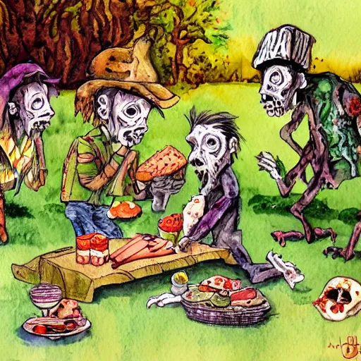 Image similar to watercolor painting of zombie picnic in the style of A. A. Milne