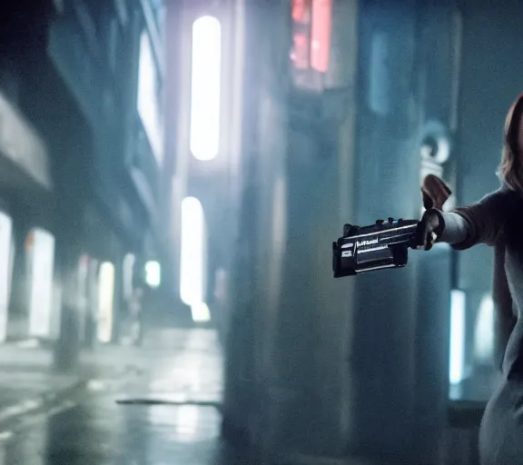 Image similar to a movie still of ana de armas aiming a gun with ryan gosling in the movie blade runner 2 0 4 9