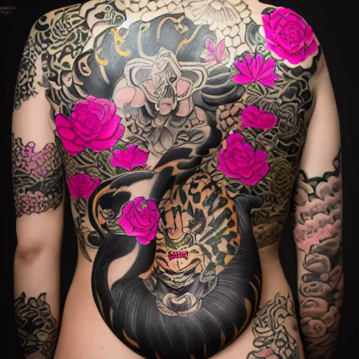 Image similar to photography of the back of a woman with a black detailed irezumi tatto representing a gold tiger with pink flowers on her entire back, dark hangar background, mid-shot, editorial photography