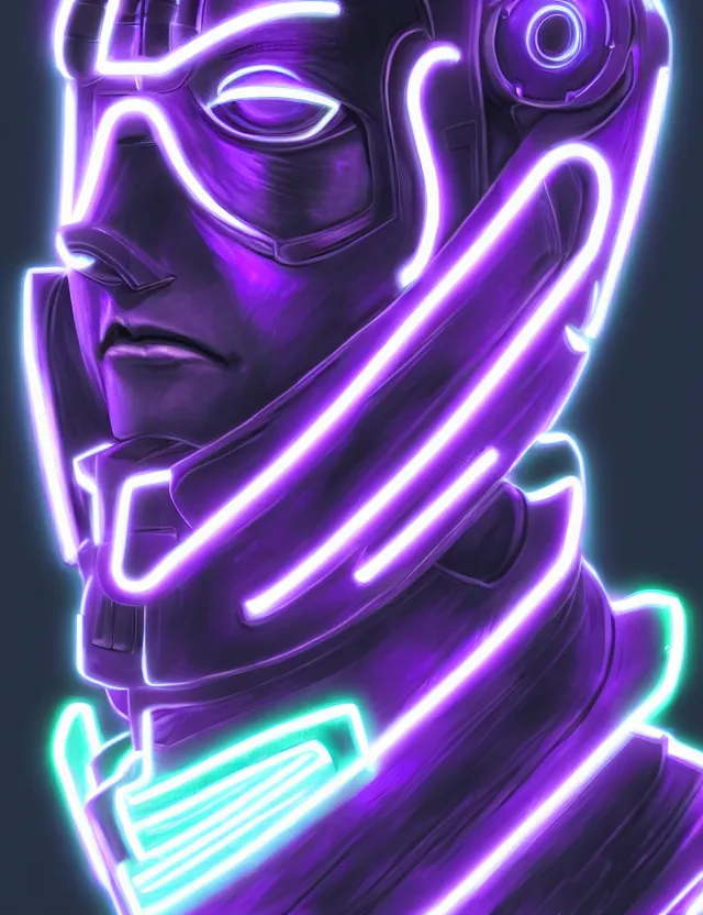 Image similar to a detailed manga portrait of a black haired man with a cybernetic body and face mask with glowing neon purple lights, trending on artstation, digital art, 4 k resolution, detailed, high quality, sharp focus, hq artwork, coherent, insane detail, character portrait