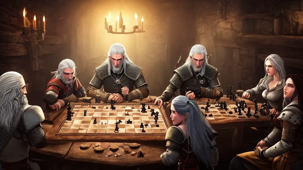 Prompt: Geralt of Rivia, yennefer, triss and Ciri playing chess in a tavern. geralt de rivia and ciri play at a table in the middle of the tavern, pixel art by Gerardo Quiroz, devian art, 4k