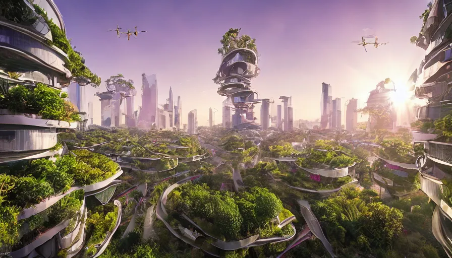 Prompt: Sunrise over solarpunk city, many trees and plants, colorful flowers, futuristic flying vehicles and drones, archdaily, architectural digest, busy streets filled with people, sun rays, vines, vertical gardens, utopia, beautiful glass and steel architecture, extreme detail, futuristic