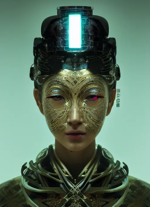 Image similar to portrait of a futuristic artificial intellegence geisha cyborg, kintsugi, modern fine art, fractal, intricate, elegant, highly detailed, digital photography, subsurface scattering, by jheronimus bosch and greg rutkowski,