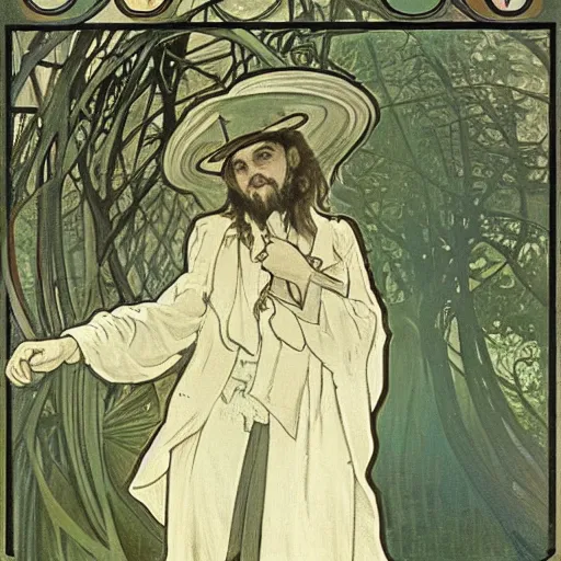 Prompt: british man in the park, long hair, art by alphonse mucha, long hair, wearing hat, smiling