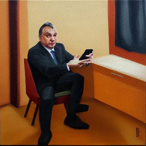 Image similar to viktor orban tiktok on his phone in a cubicle, oil painting